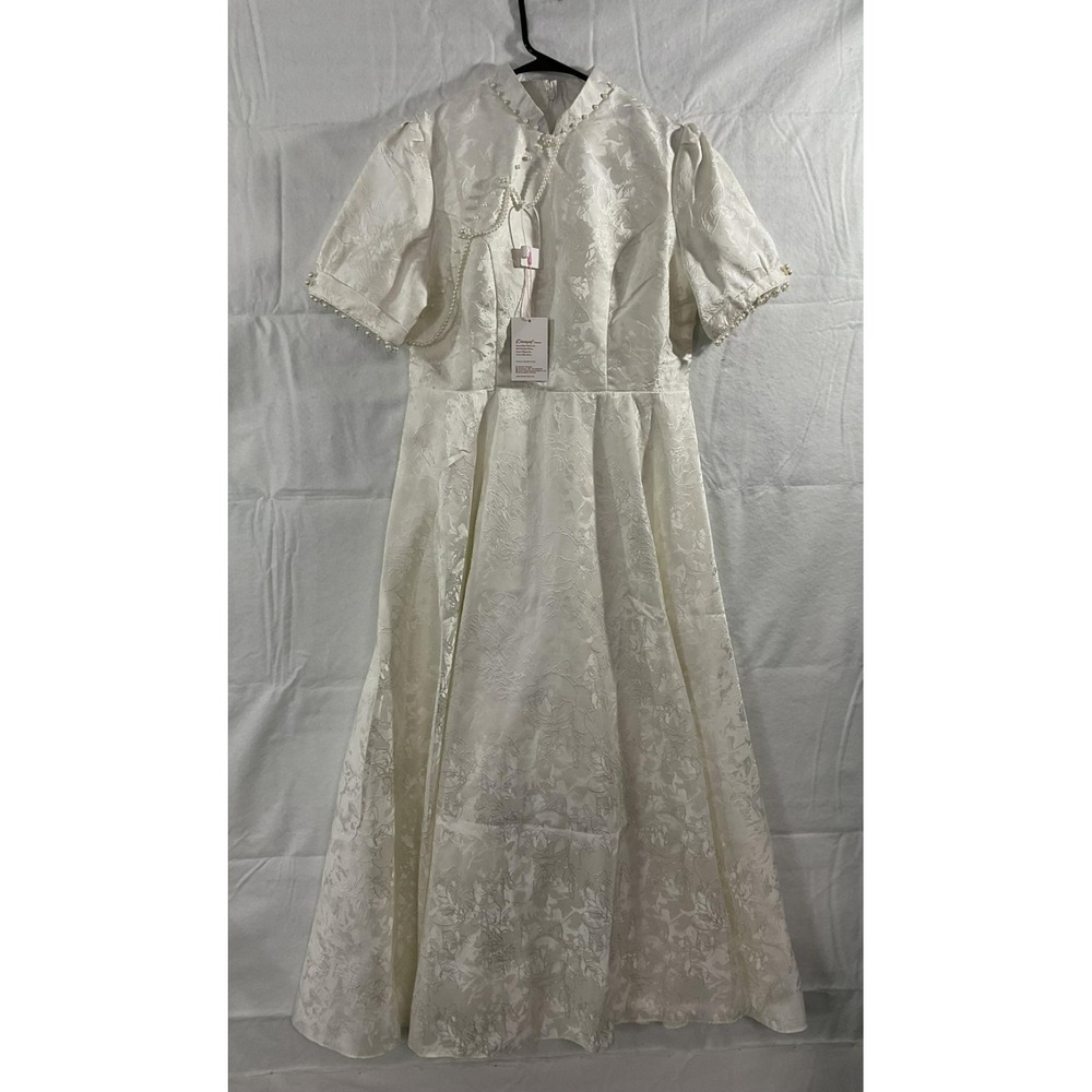 Doveyaf Dress Womens 2XL White Jacquard High Neck Puff Sleeve Qipao Wedding NWT